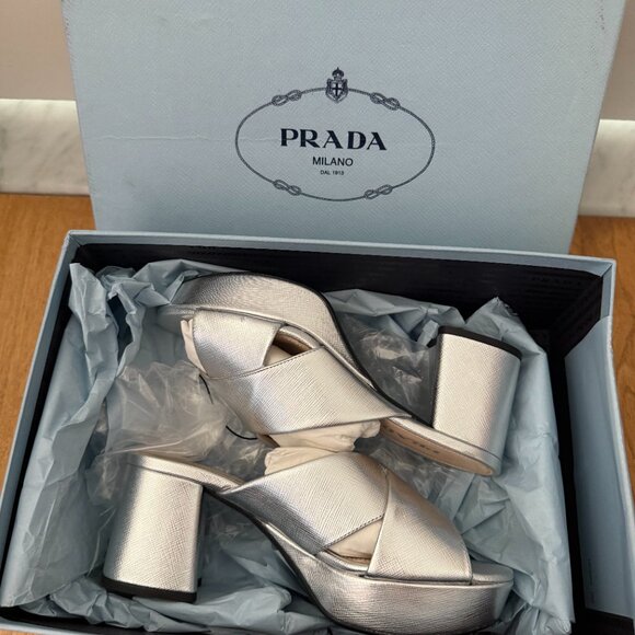 NWT Prada Platform Sandals Metallic Silver Saffiano Leather Crisscross Strap - Picture 4 of 11